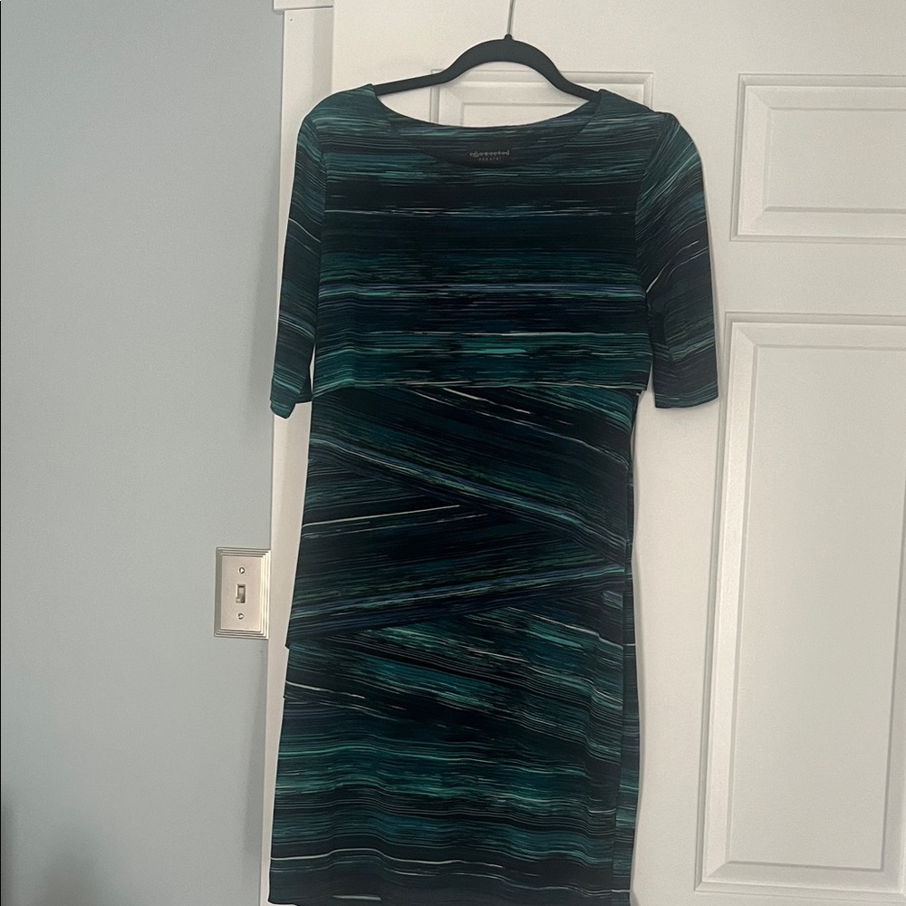 Connected Apparel Teal and Black Striped Midi Dress